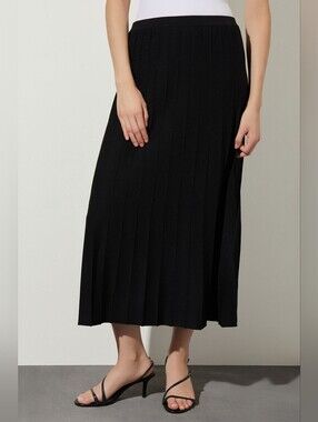 Ming Wang Pleated Soft Knit Maxi Skirt Size Medium Black Accordion Minimalist